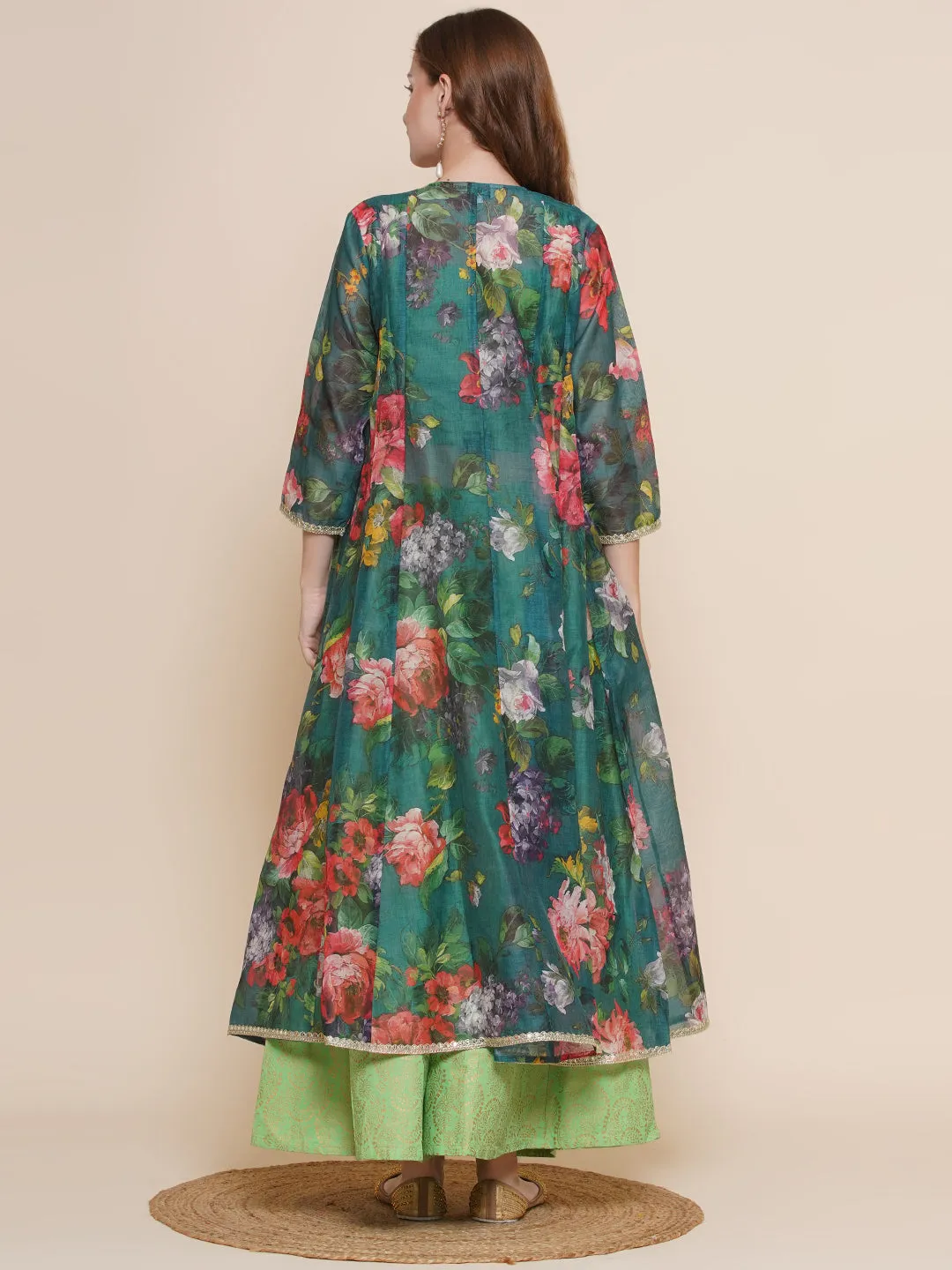 Green Floral printed Jacket, Camisole with Palazzos