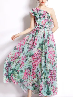 Green One Shoulder Rose Floral Print Ruffles Boho Dress Maxi Dress