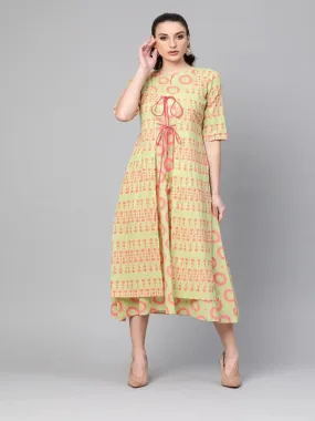 Green Printed Cotton Dress With Shrug