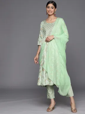 Green Yoke Design Rayon A-Line Kurta With Trousers & Dupatta