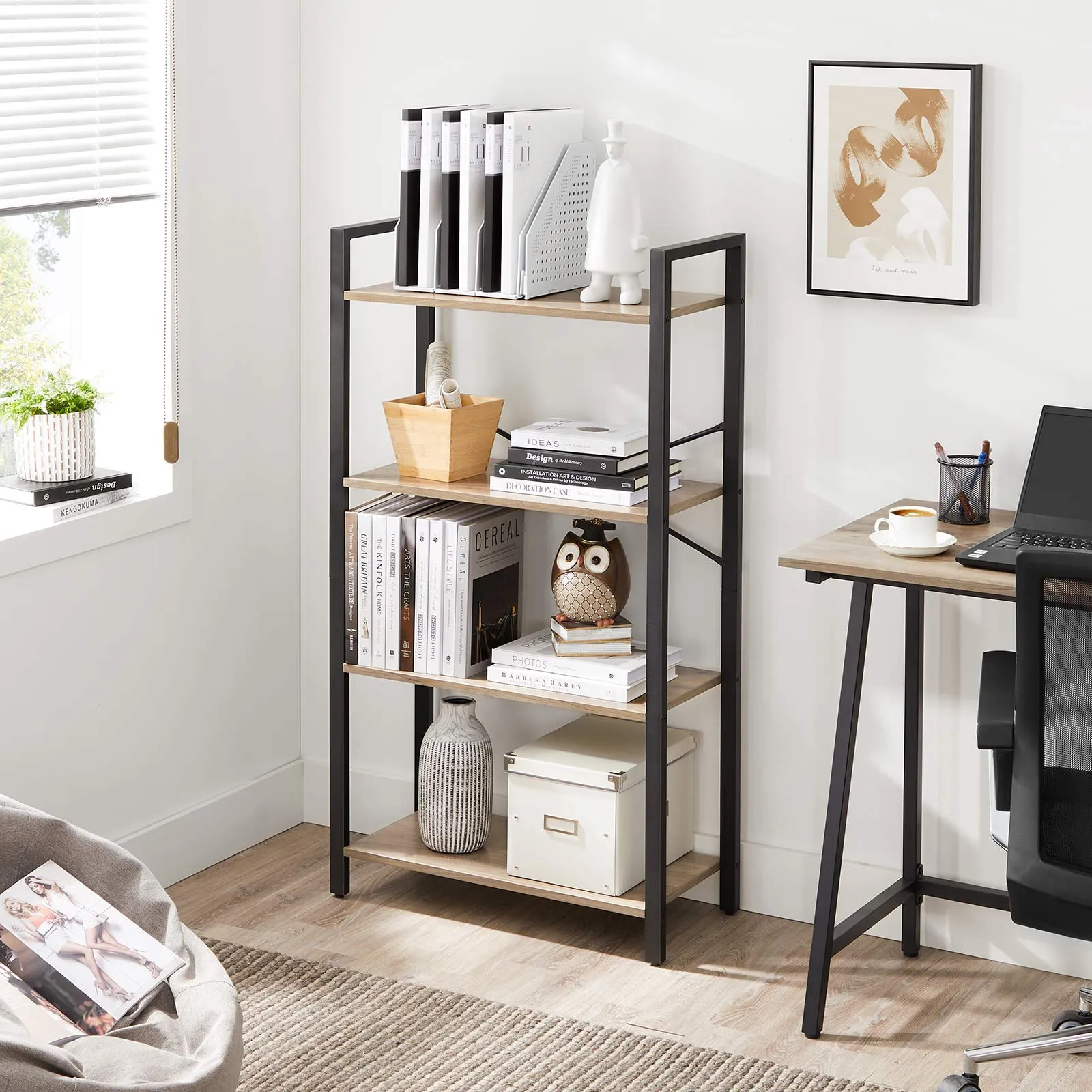 Greige and Black 4-Tier Bookshelf