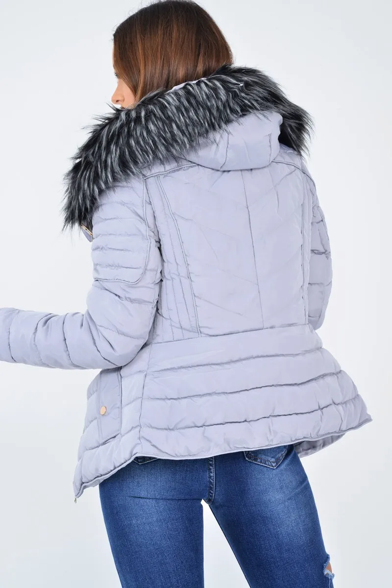 Grey Faux Fur Hood Gold Detail Puffer Coat - Rylah