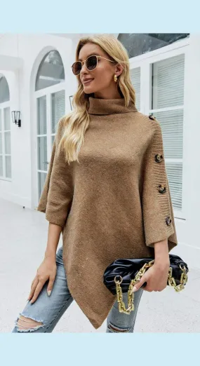 Handkerchief Hem Turtleneck Poncho Sweater