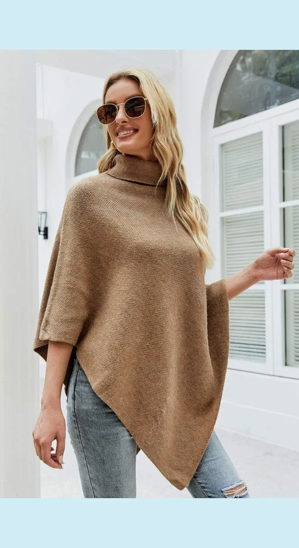 Handkerchief Hem Turtleneck Poncho Sweater