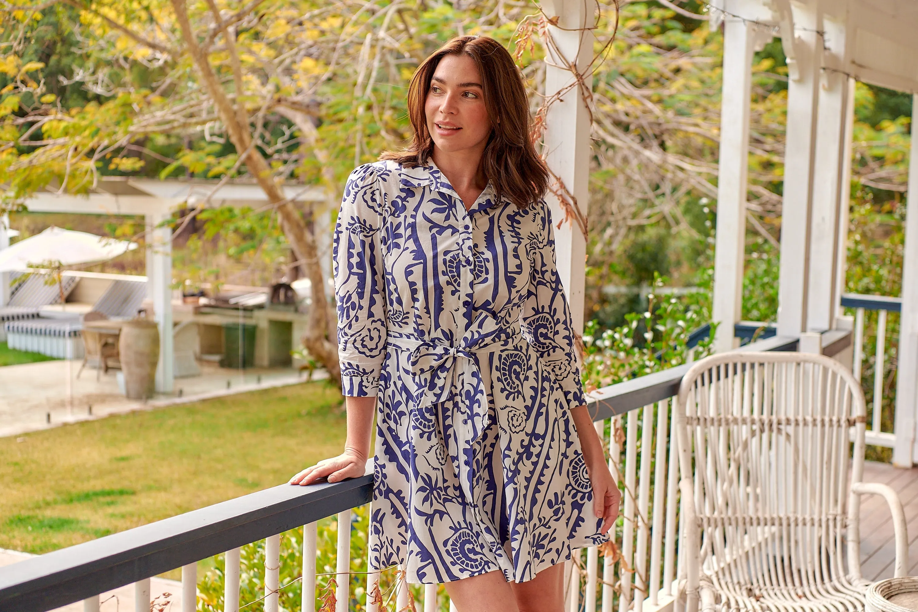 Heather Long Sleeve White/Blue Print Button Collar Dress