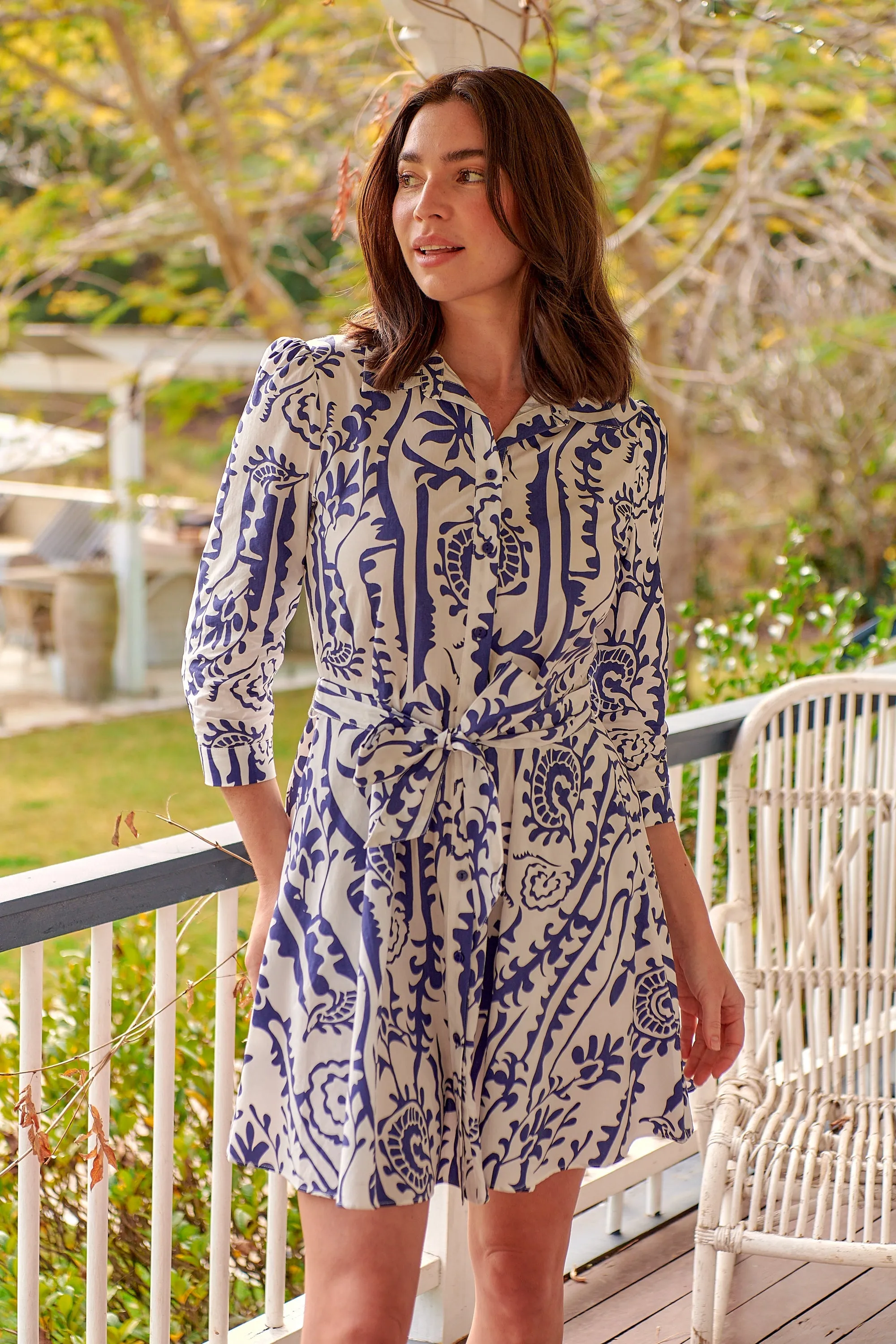 Heather Long Sleeve White/Blue Print Button Collar Dress