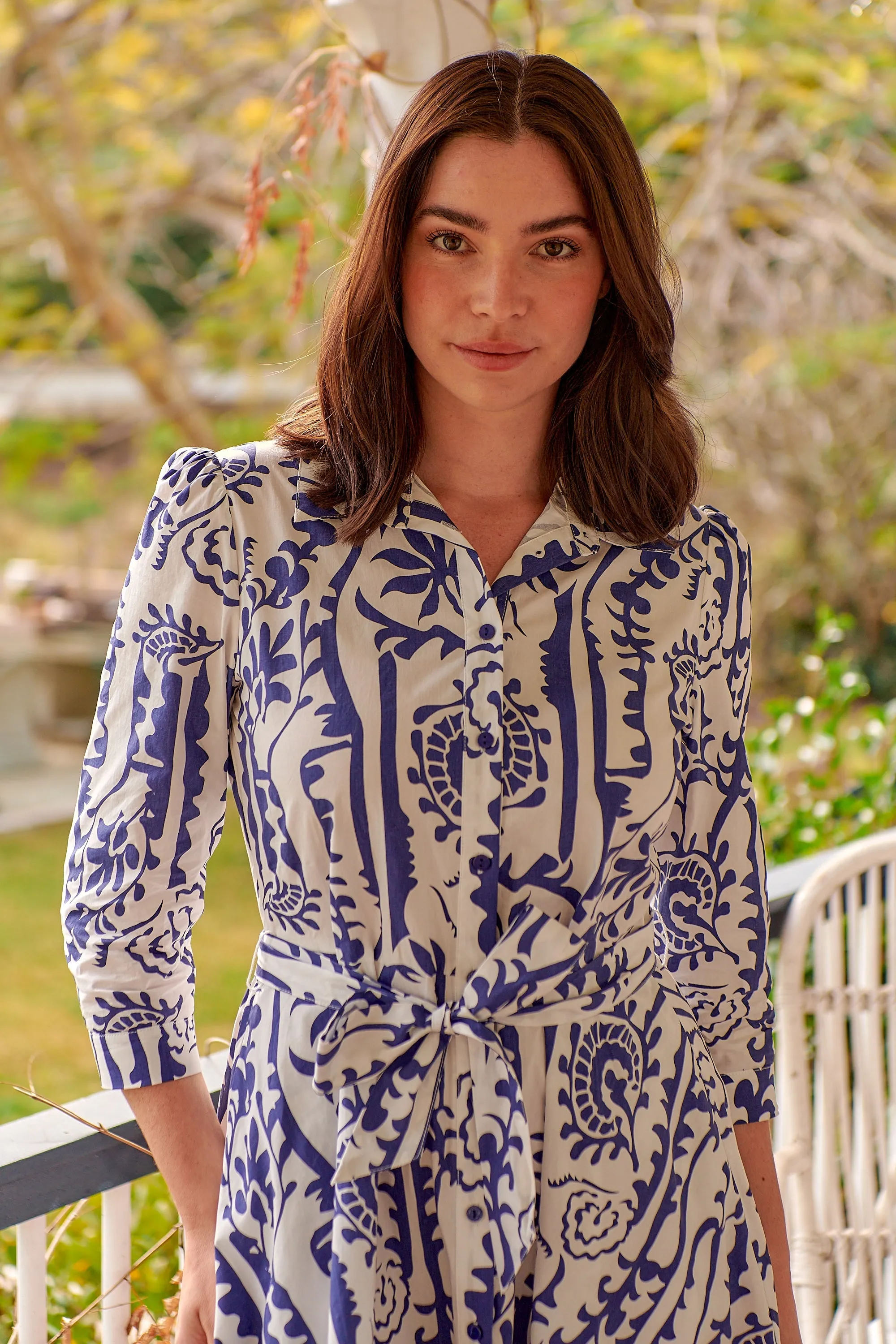 Heather Long Sleeve White/Blue Print Button Collar Dress