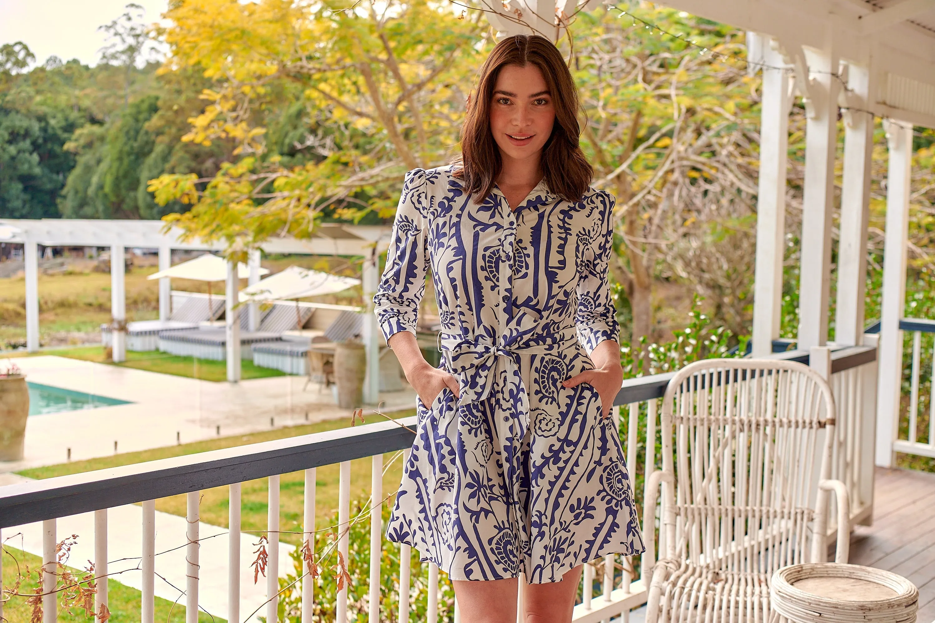 Heather Long Sleeve White/Blue Print Button Collar Dress