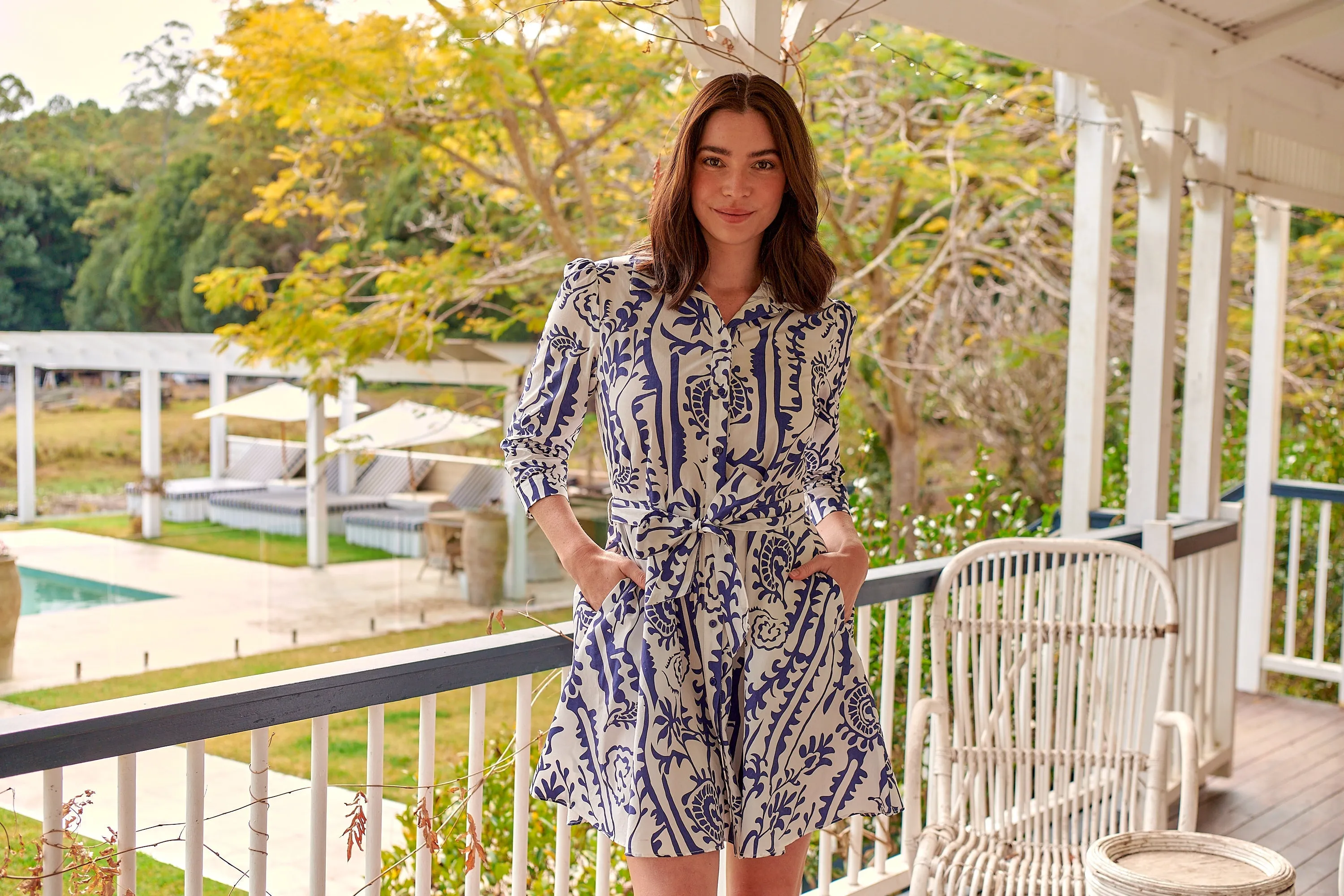 Heather Long Sleeve White/Blue Print Button Collar Dress