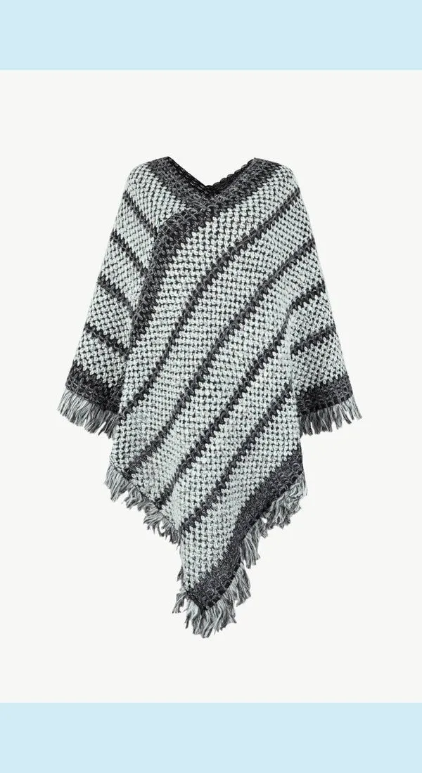 Heathered V-Neck Fringe Hem Poncho