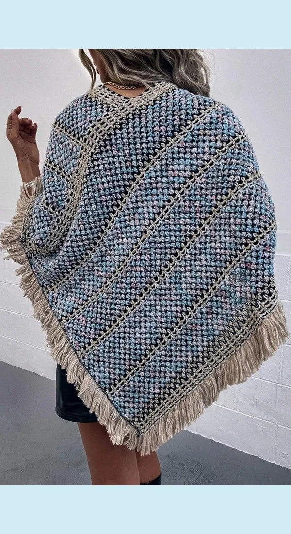 Heathered V-Neck Fringe Hem Poncho