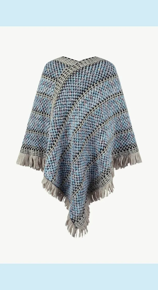 Heathered V-Neck Fringe Hem Poncho