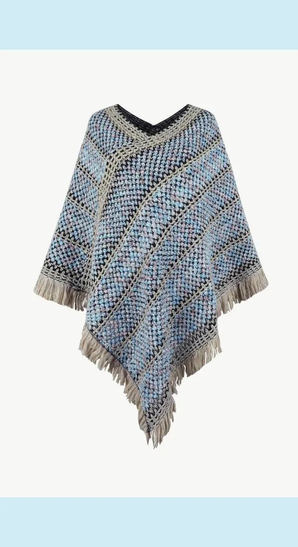 Heathered V-Neck Fringe Hem Poncho