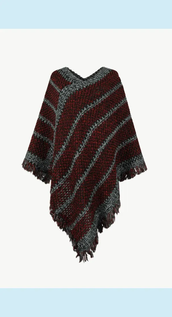 Heathered V-Neck Fringe Hem Poncho