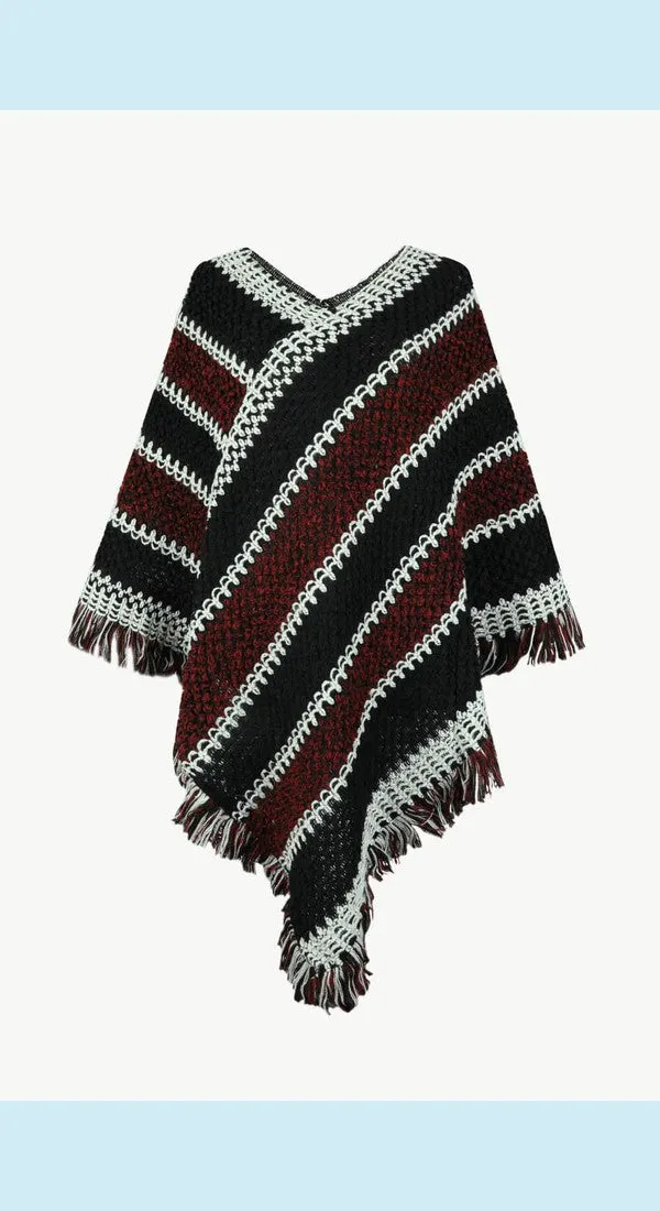 Heathered V-Neck Fringe Hem Poncho