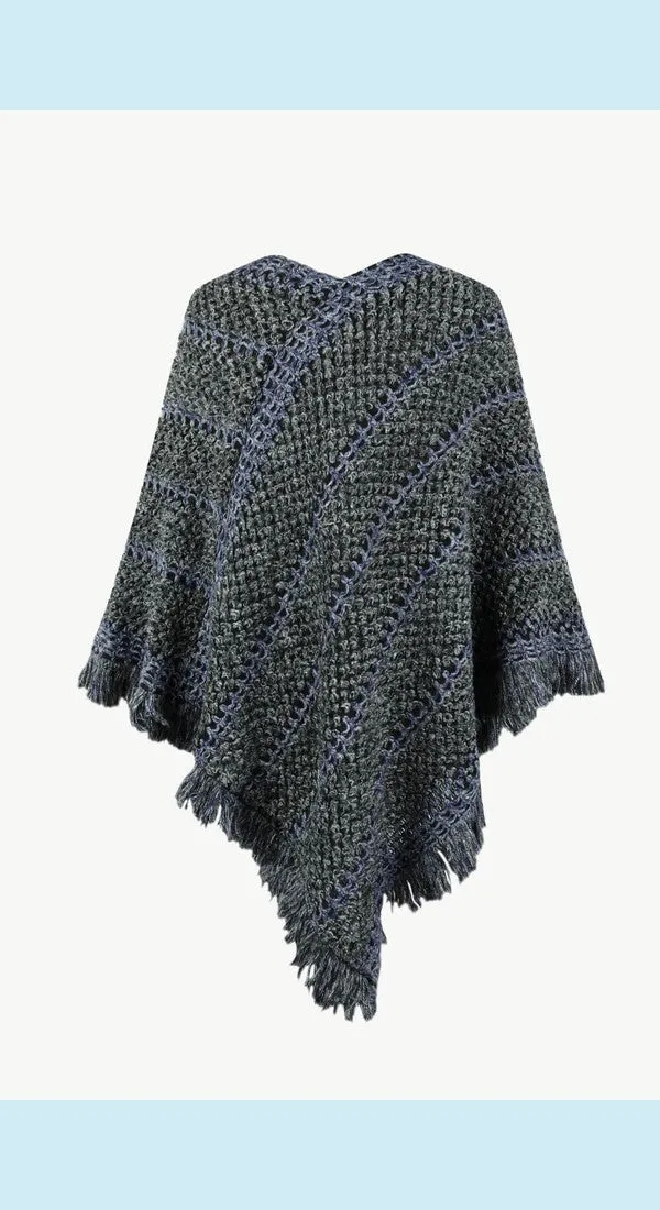 Heathered V-Neck Fringe Hem Poncho