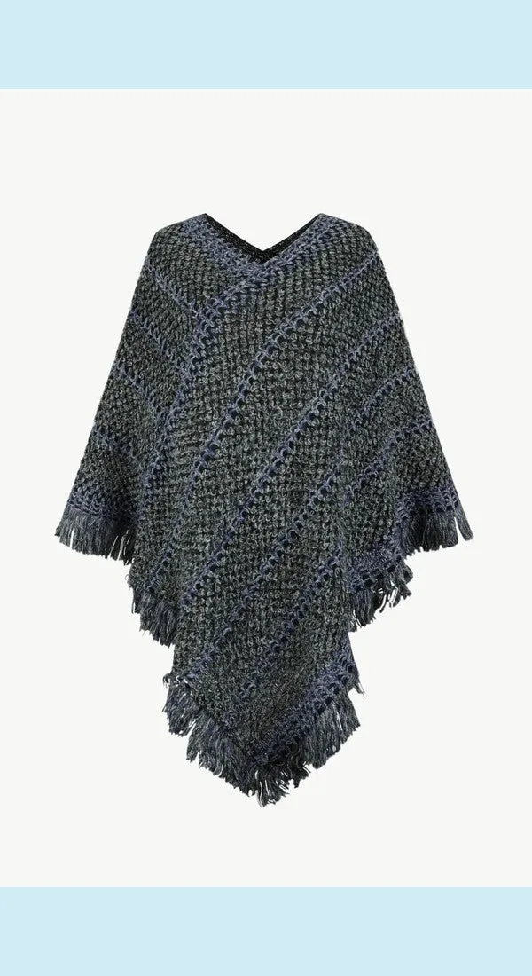 Heathered V-Neck Fringe Hem Poncho