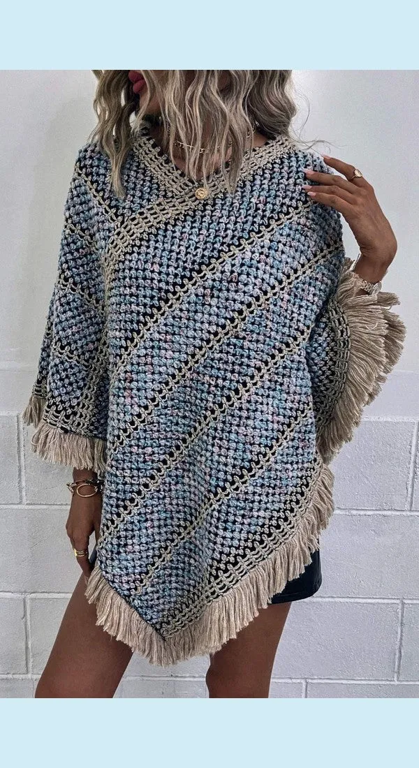 Heathered V-Neck Fringe Hem Poncho