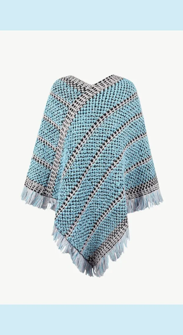 Heathered V-Neck Fringe Hem Poncho