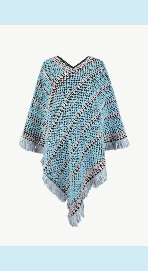 Heathered V-Neck Fringe Hem Poncho