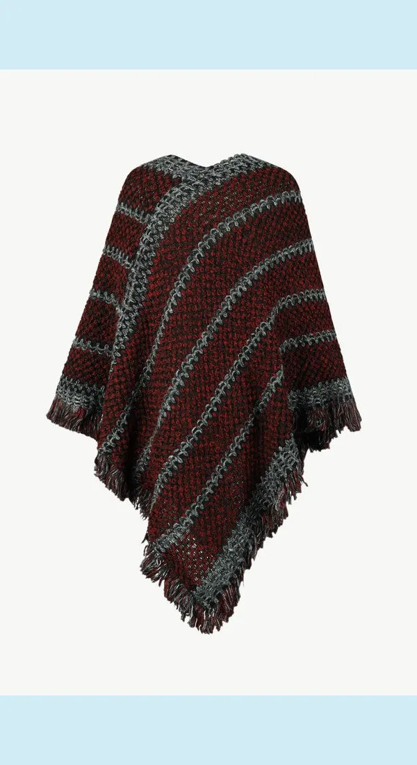 Heathered V-Neck Fringe Hem Poncho