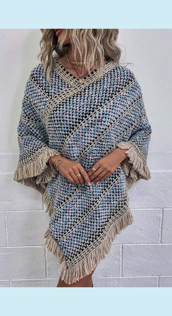 Heathered V-Neck Fringe Hem Poncho