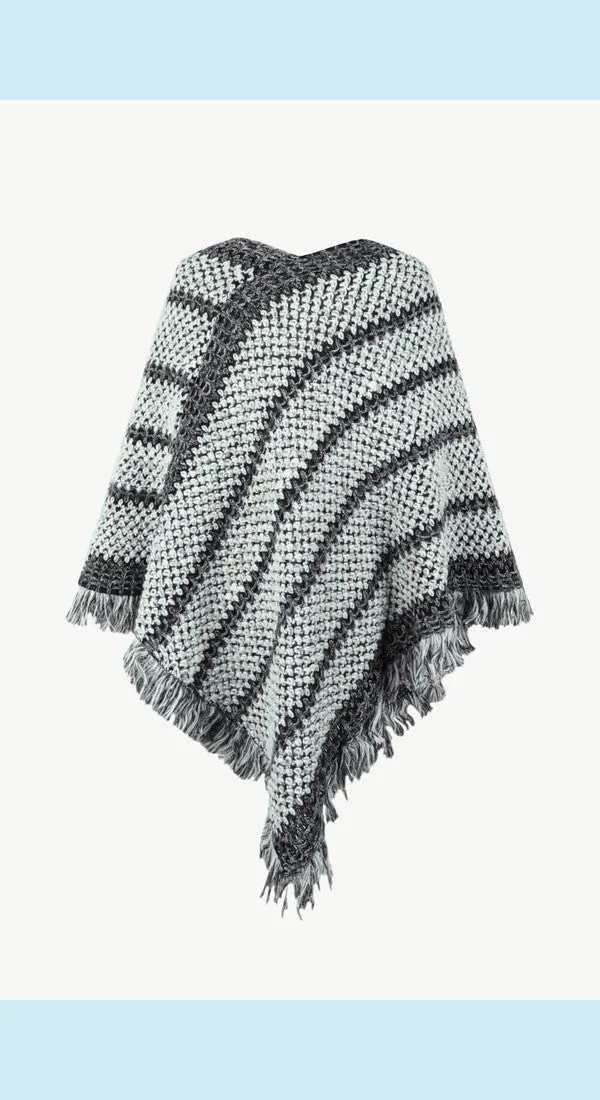 Heathered V-Neck Fringe Hem Poncho