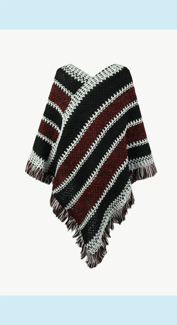 Heathered V-Neck Fringe Hem Poncho