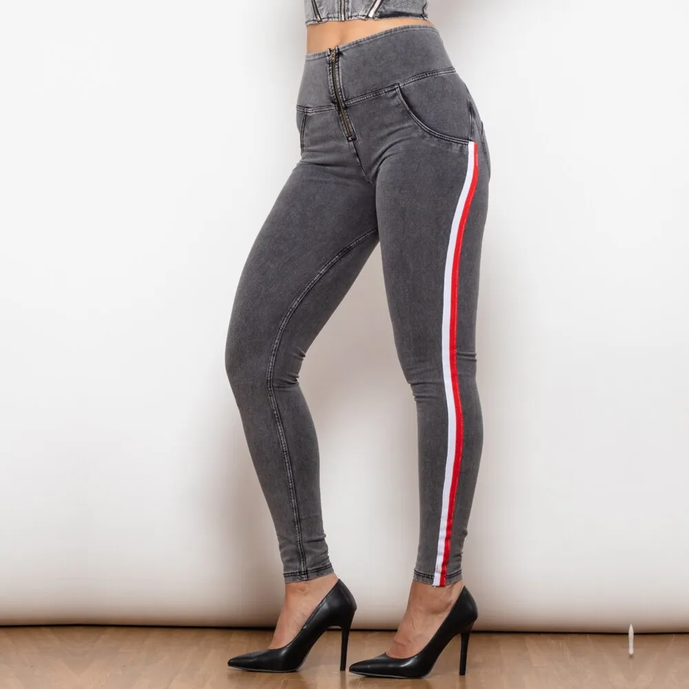 High Waist Dark Thread Grey Jeans with Stripe