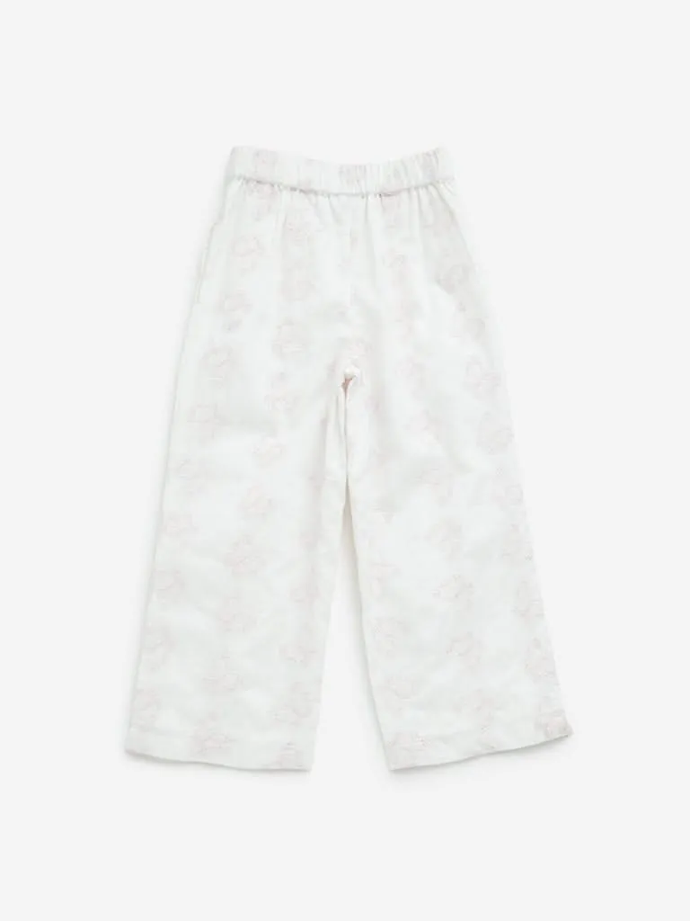 HOP Kids White Butterfly Schiffli Mid-Rise Cotton Pants