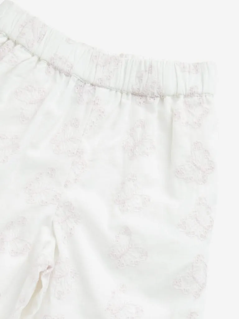 HOP Kids White Butterfly Schiffli Mid-Rise Cotton Pants