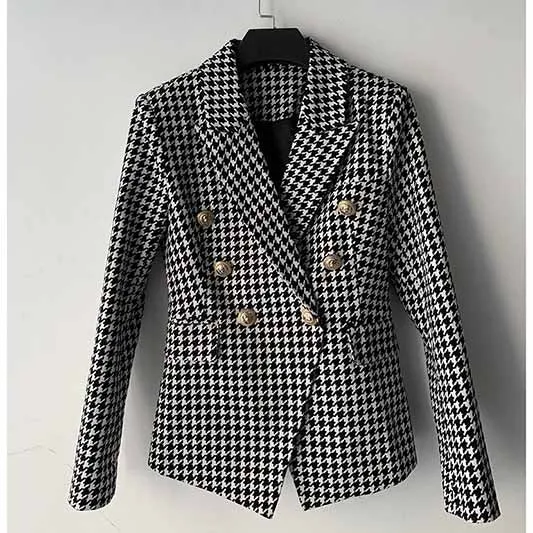 Houndstooth Slim Long-sleeved Metal Button Women's Blazer Jacket