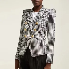 Houndstooth Slim Long-sleeved Metal Button Women's Blazer Jacket