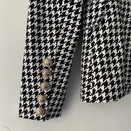 Houndstooth Slim Long-sleeved Metal Button Women's Blazer Jacket