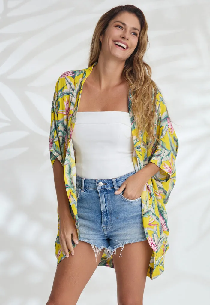 Indii Breeze Short Kimono - Birds of a Feather Yellow