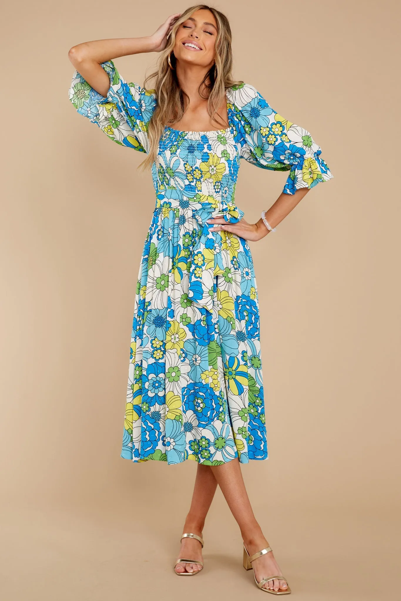 Inspiring Joy Blue Multi Floral Print Midi Dress