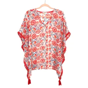 Jade Melody Tam Red/Blue Floral with Crochet Trim and Tassels Sheer Poncho Cover Up- Size M/L