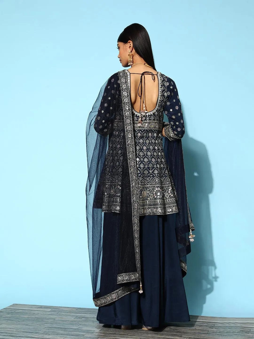 Jashvi Art Blue Embroidered Silk Anarkali Suit Set With Palazzos