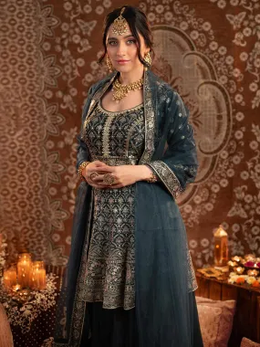 Jashvi Art Blue Embroidered Silk Anarkali Suit Set With Palazzos