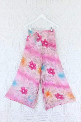 Joni High Waisted Flares - Vintage Indian Sari - Pearly Pink, Turquoise & Sunset Floral - Free Size S