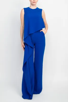 Jovani Ruffle trim sleeveless high waist one-piece scoop neck crepe jumpsuit