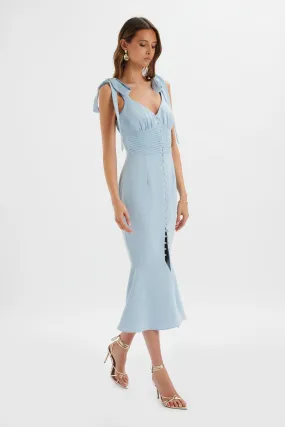 KAMILA Tie Strap Micro Button Midi Dress In Deep Corn Flower Blue