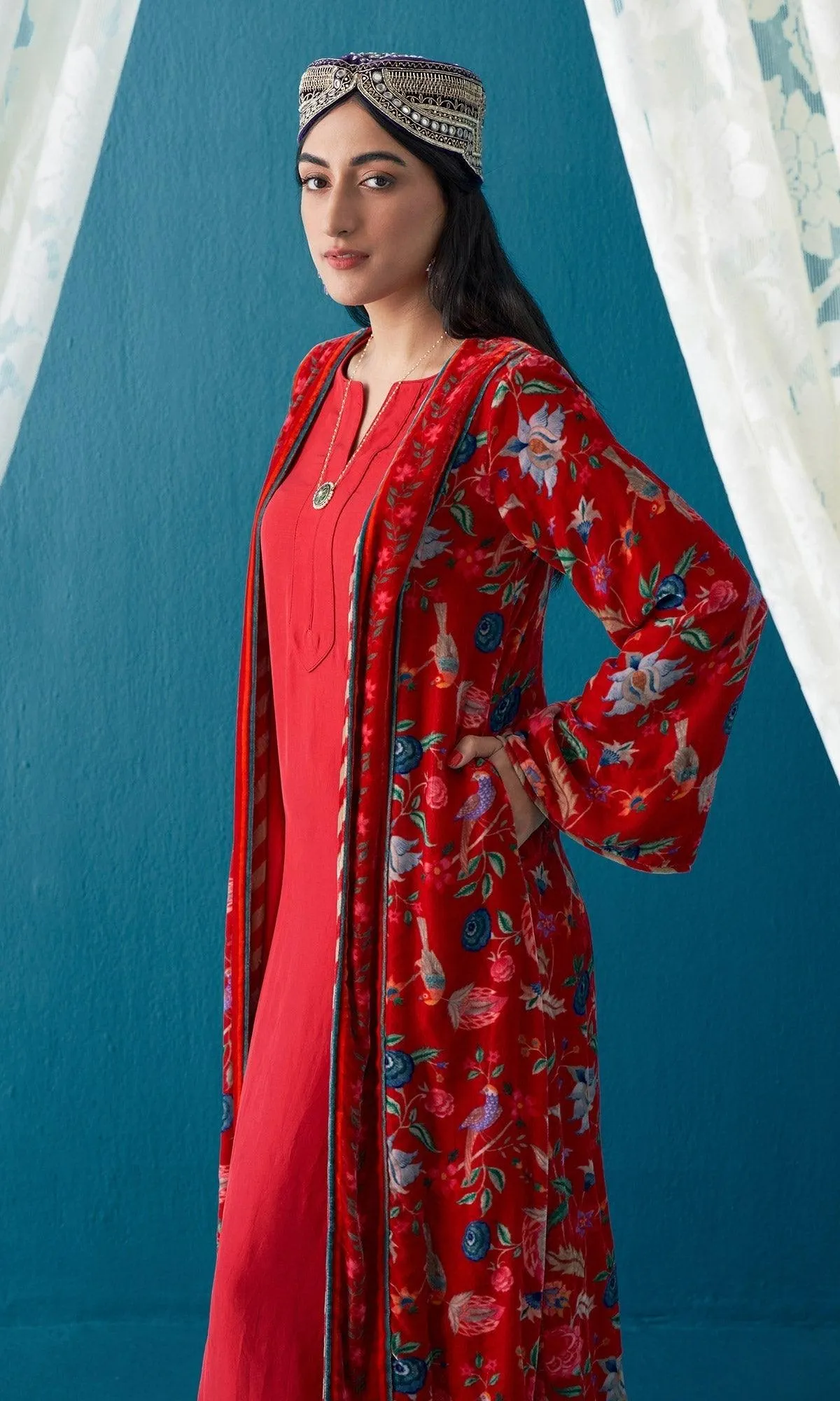 Khizaan Chintz Red  Velvet Jacket Only