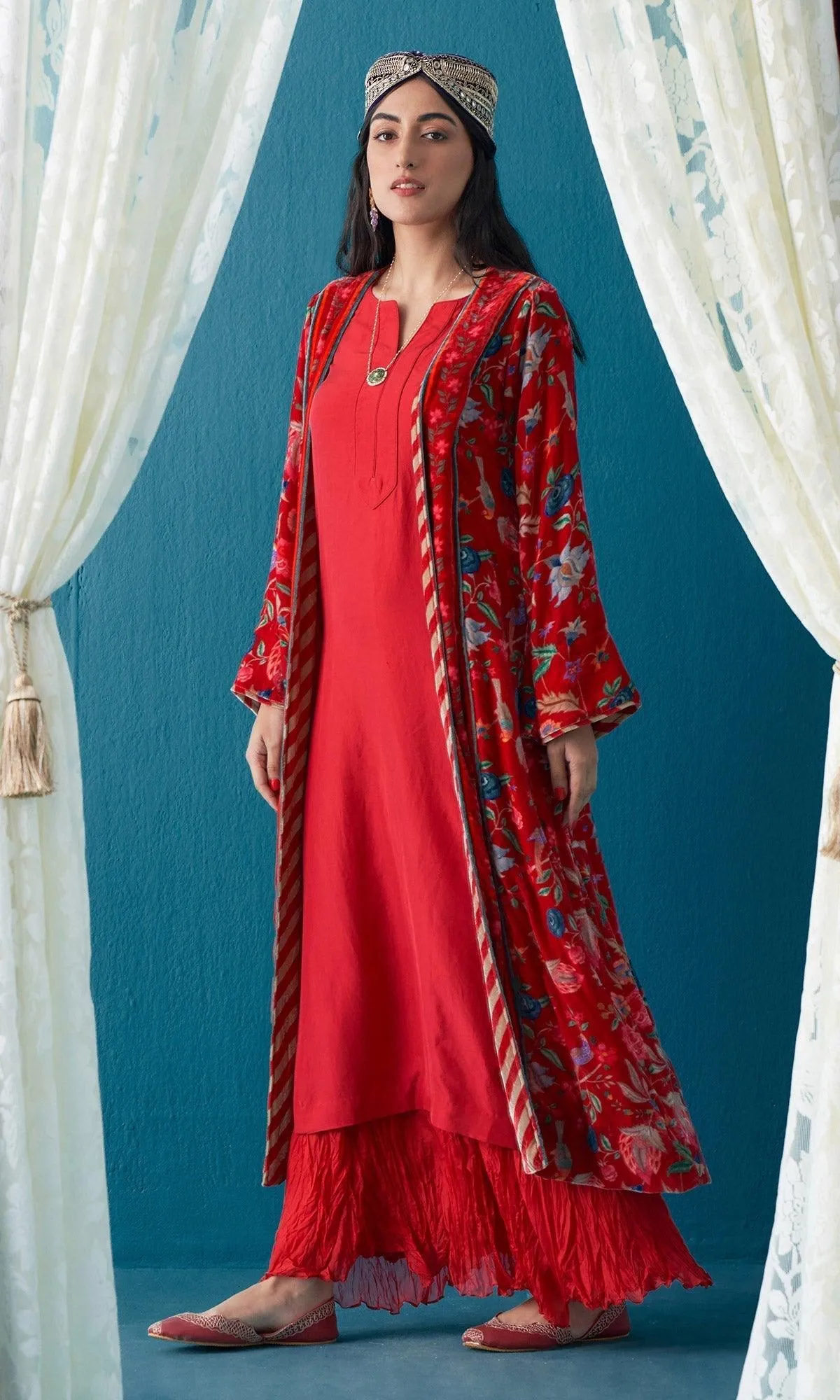 Khizaan Chintz Red  Velvet Jacket Only