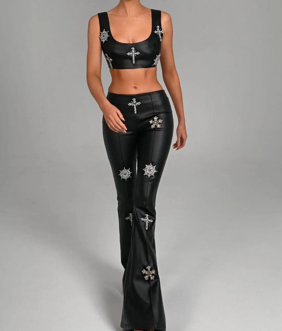 KittenAlarm - Paula Sleeveless Top & Flared Crystal Embellishment Pants Set