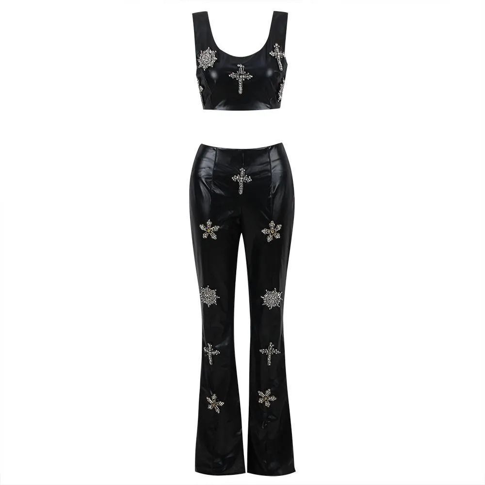 KittenAlarm - Paula Sleeveless Top & Flared Crystal Embellishment Pants Set