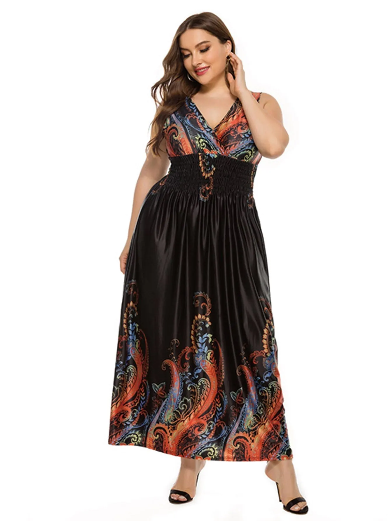 KittenAlarm - Plus Size Double V-Neck Smocked Waist Maxi Dress Tank Dress