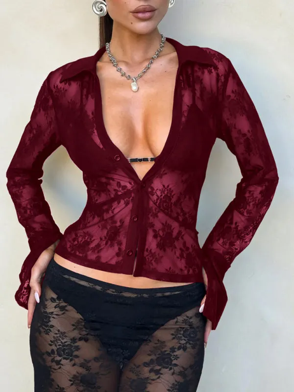 Lace V-Neck Blouse See-through Business Casual Top