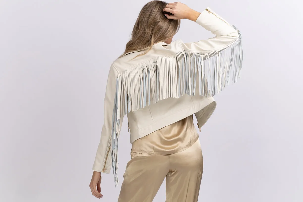 L'AGENCE Kravitz Fringe Leather Jacket in Cream