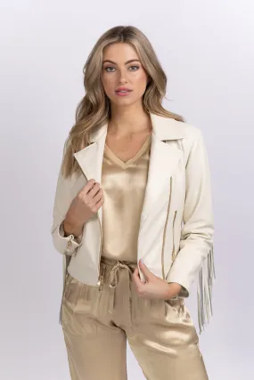 L'AGENCE Kravitz Fringe Leather Jacket in Cream